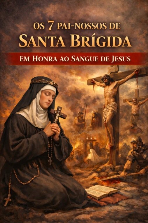 Santa Brígida ajoelhada com o crucifixo e o terço diante da cena do Calvário, sob o título Os 7 Pai-Nossos de Santa Brígida em honra ao Sangue de Jesus.