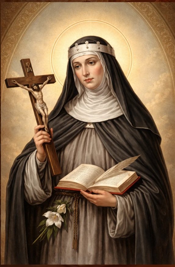 Santa Brígida da Suécia segurando o crucifixo e um livro aberto, com auréola dourada.